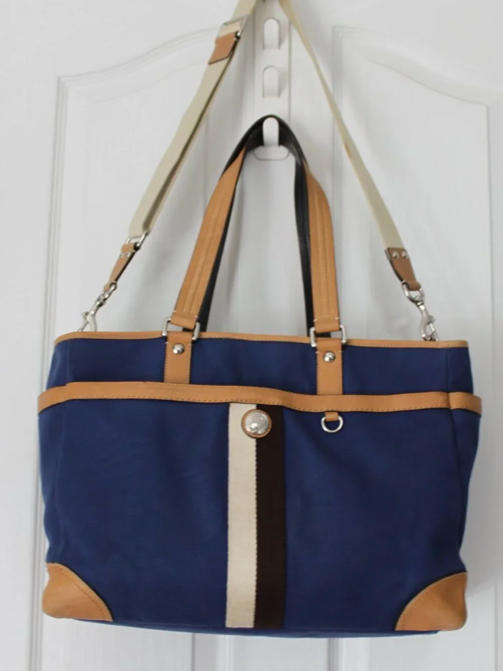 Coach Navy Blue Canvas Diaper Bag - Tan Leather Trim - Changing Pad Included 🍼⚓